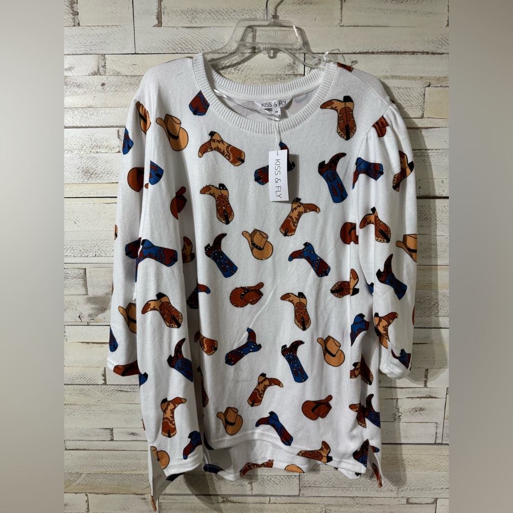 2 for $20***White Long Sleeve Top with Colorful cowboy print